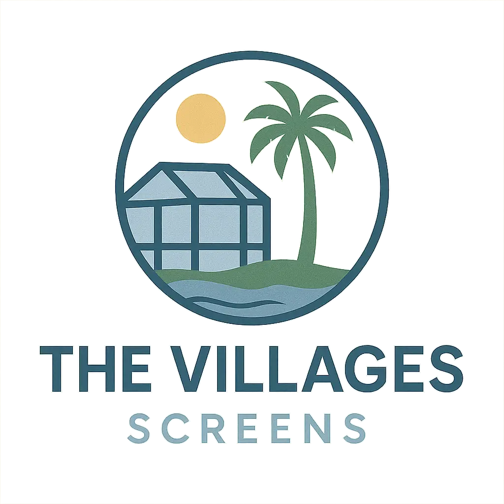 screen enclosures in The Villages, FL logo with screened patio and palm tree